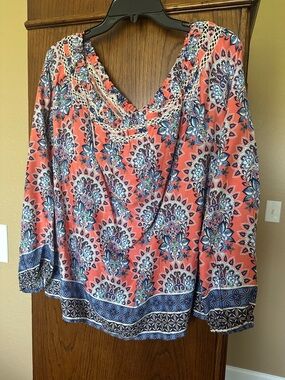 Red Camel Coral Floral V-Neck Boho Blouse with Blue Paisley Trim